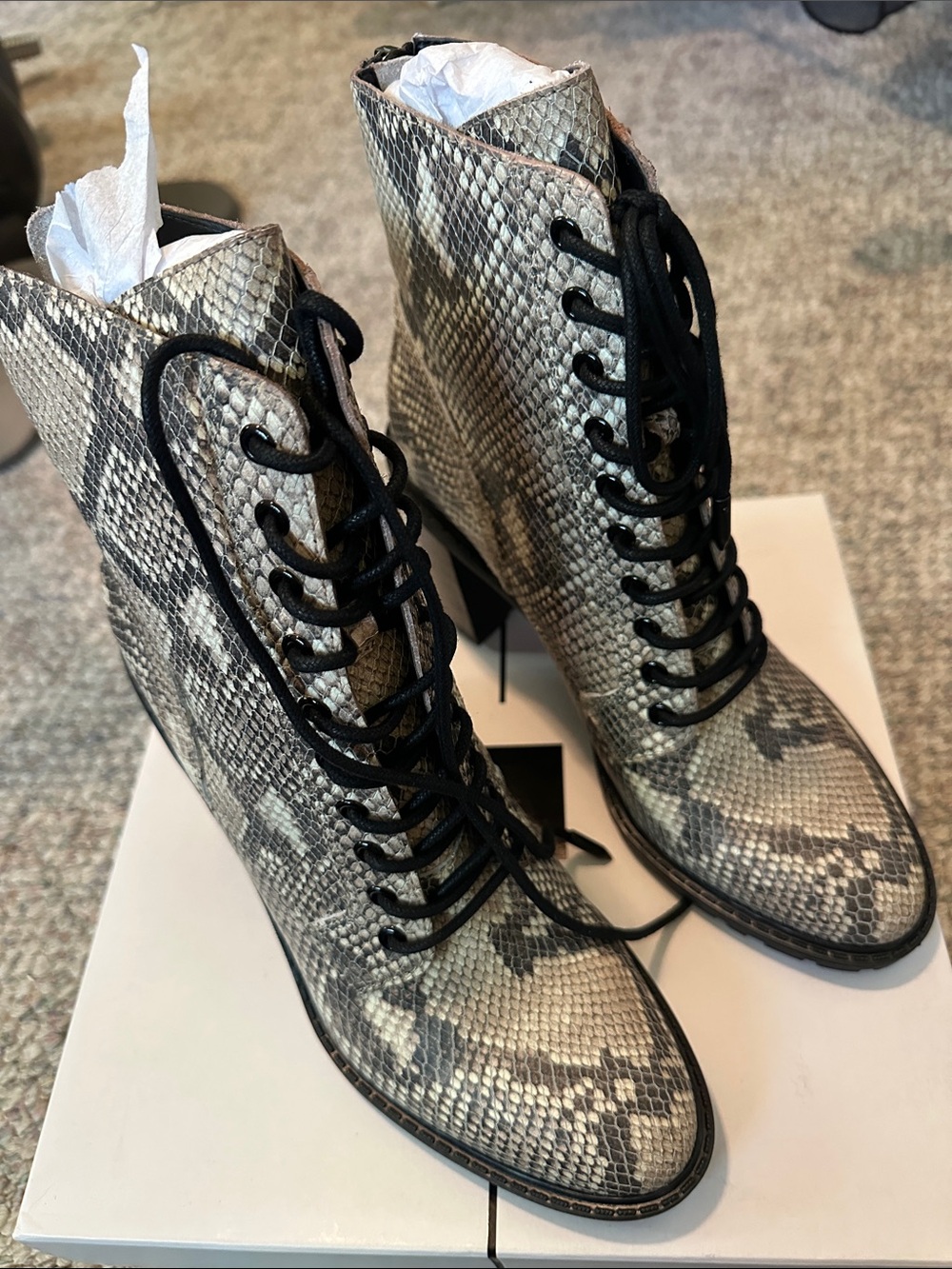 Dolce Vita Snake-Print Lace-Up Ankle Boots in Black and Gray
